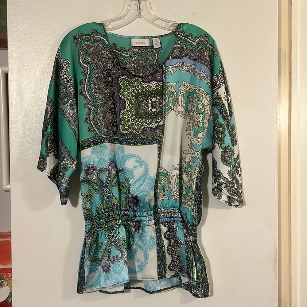 Chicos multi color satin peplum blouse Chicos size 1 - Picture 1 of 9
